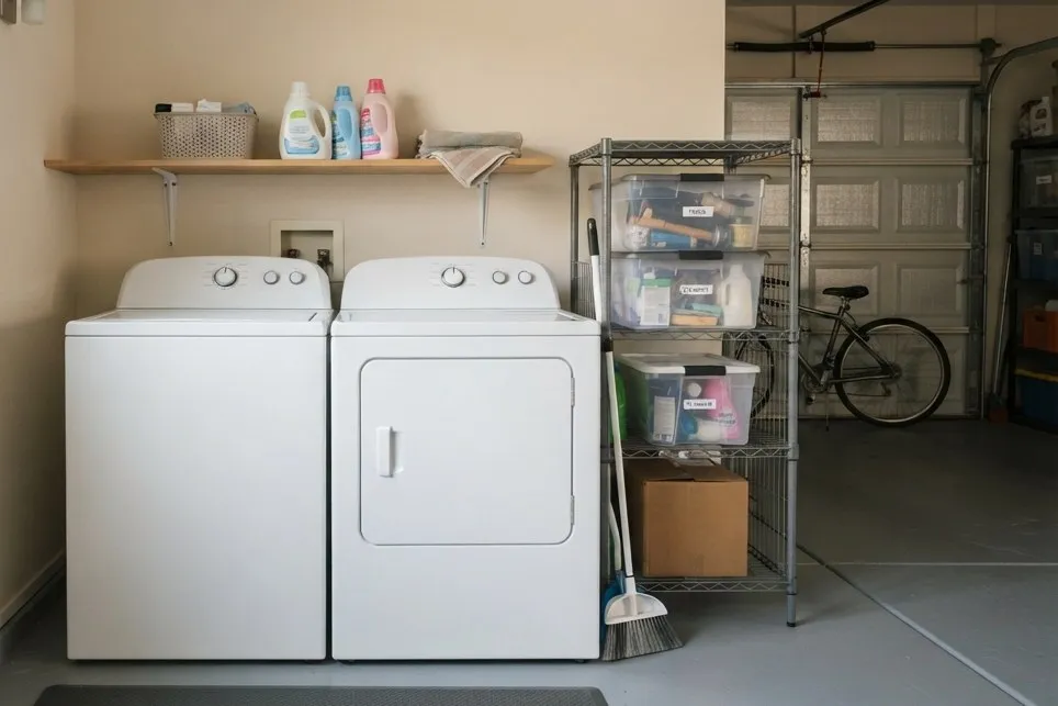 Washer and dryer against the wall of an attached garage