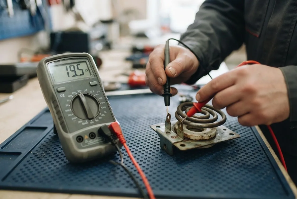 Technician testing a heating element with a multimeter on a workbench