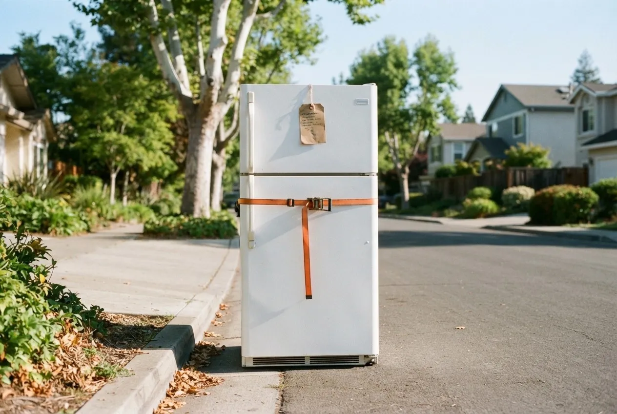 Old refrigerator strapped shut at the curb, waiting for bulky-item pickup