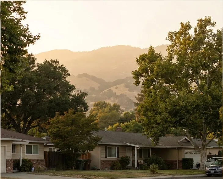 Single-story homes on a tree-lined street with hills behind