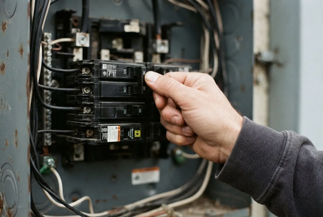 Hand switching a circuit breaker in a home electrical panel