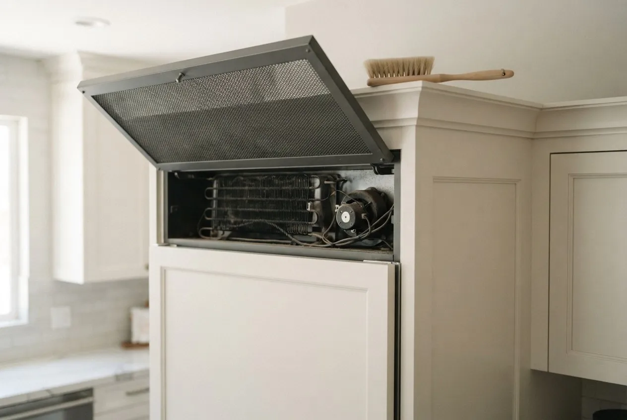 Top grille of a built-in refrigerator opened to reach the condenser
