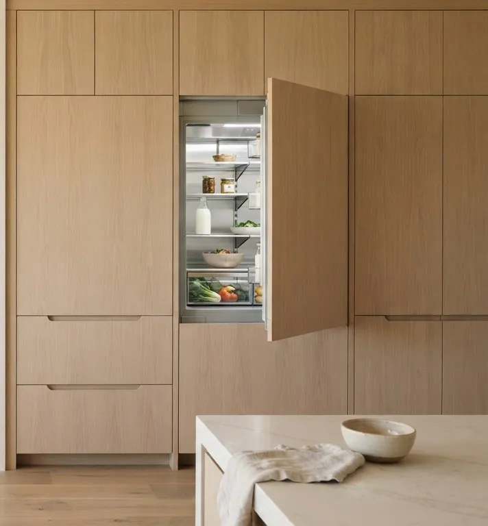 Integrated column refrigerator built into wood cabinetry