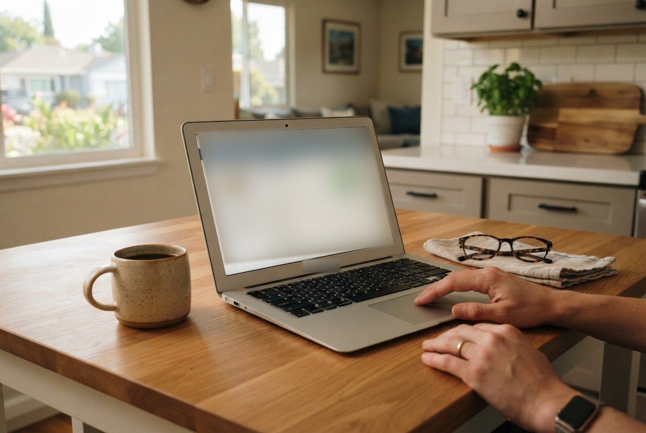 Laptop open on a kitchen table beside a mug and reading glasses