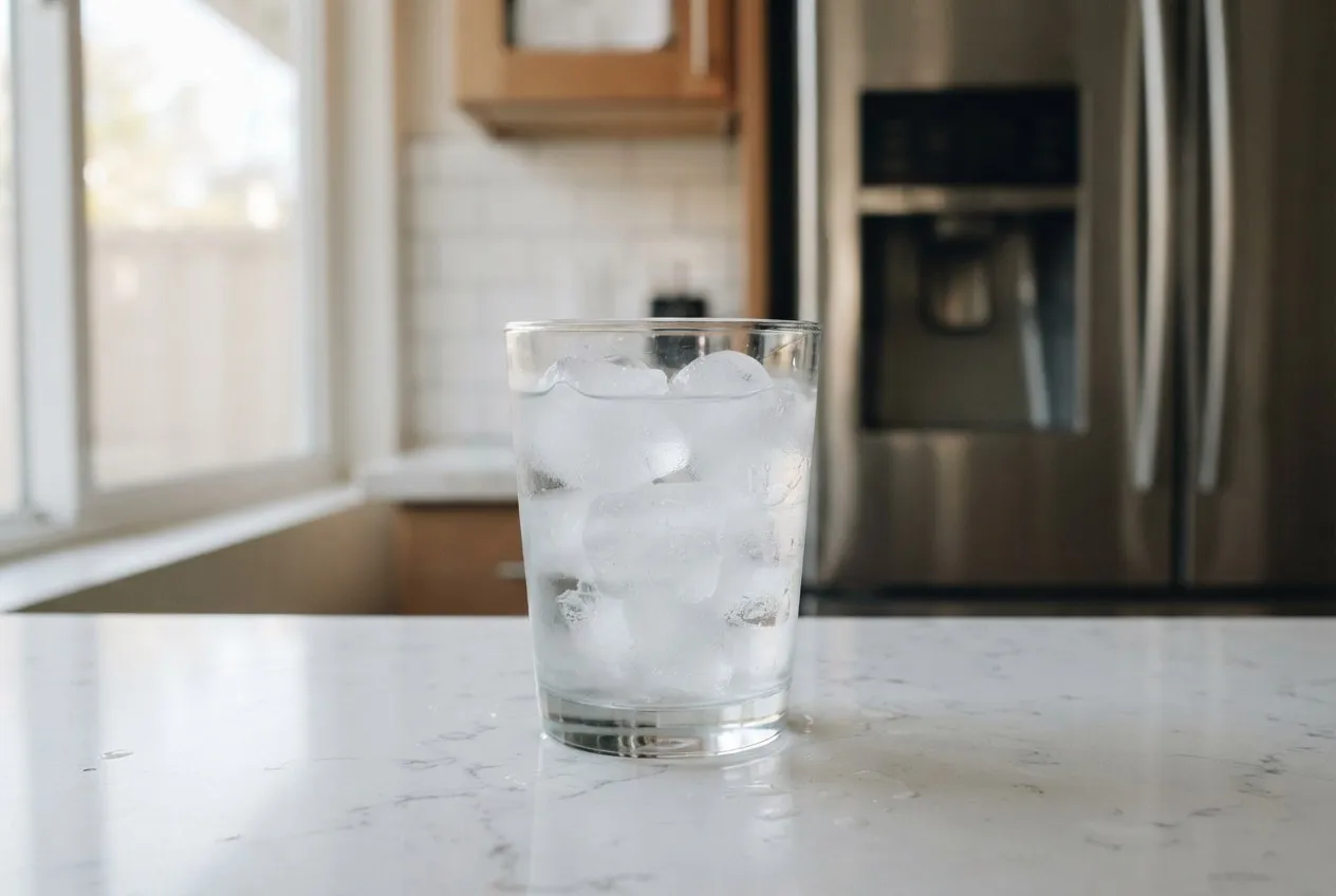 Cloudy ice cubes in a glass on a kitchen counter