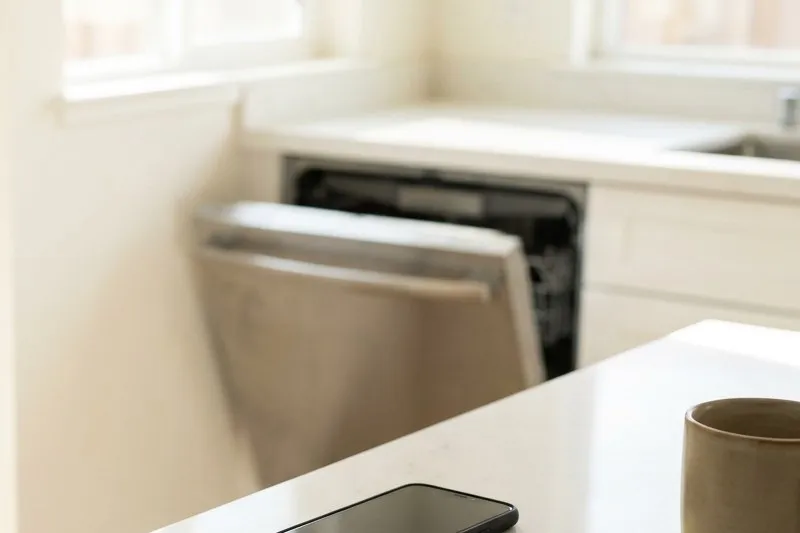 Open dishwasher beside a kitchen counter