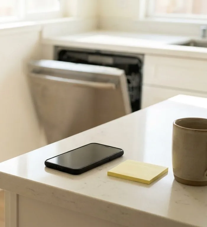 Phone on a kitchen counter beside a dishwasher