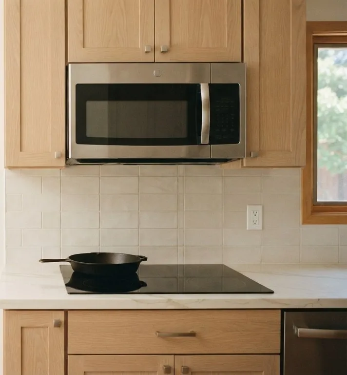 Induction cooktop with a pan under an over-the-range microwave