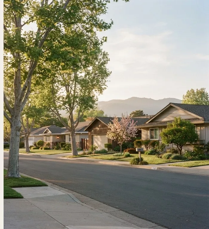 Single-story homes along a quiet street with hills in the distance