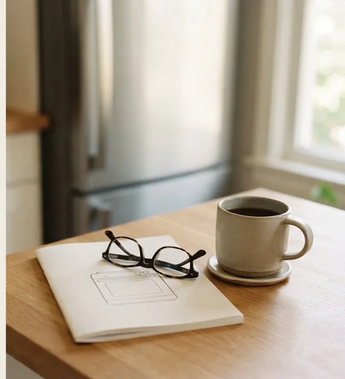 Appliance manual and reading glasses on a kitchen counter