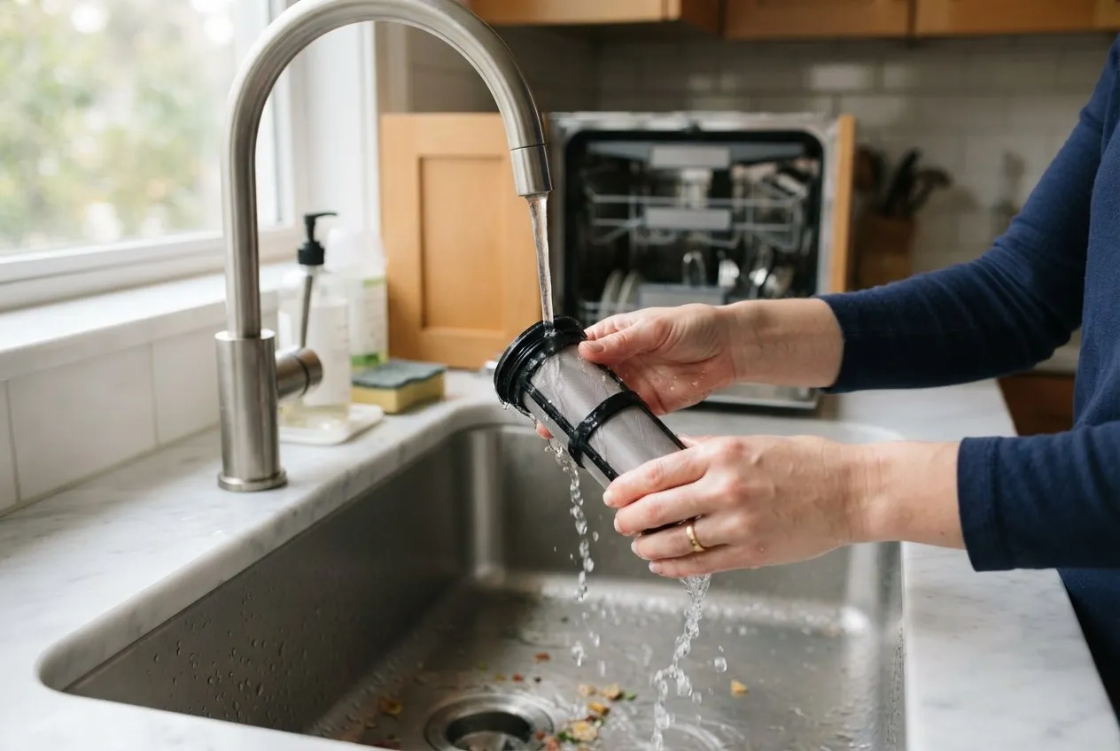 Hands rinsing a dishwasher filter under a kitchen tap