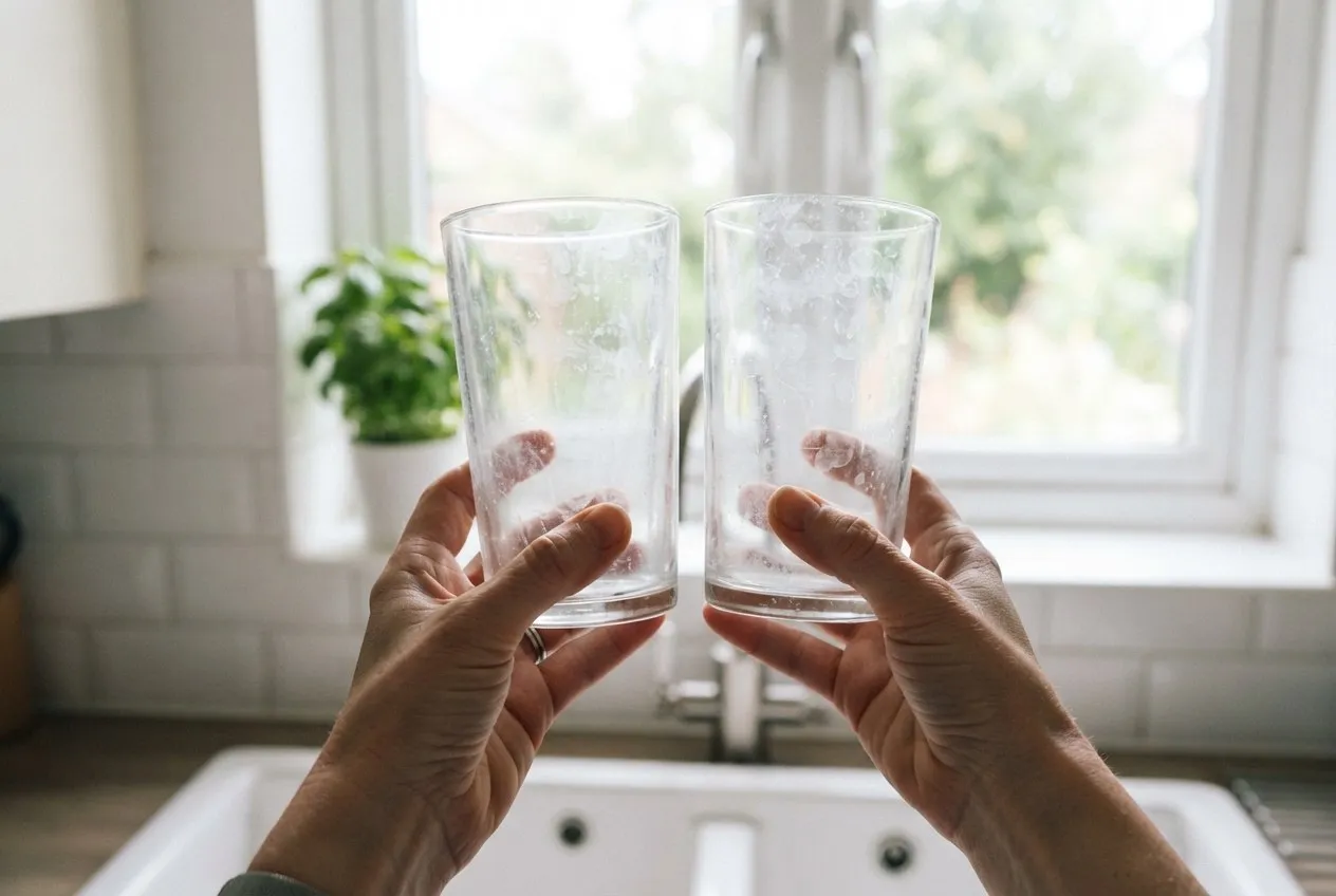 Drinking glasses with a cloudy white film held up to window light