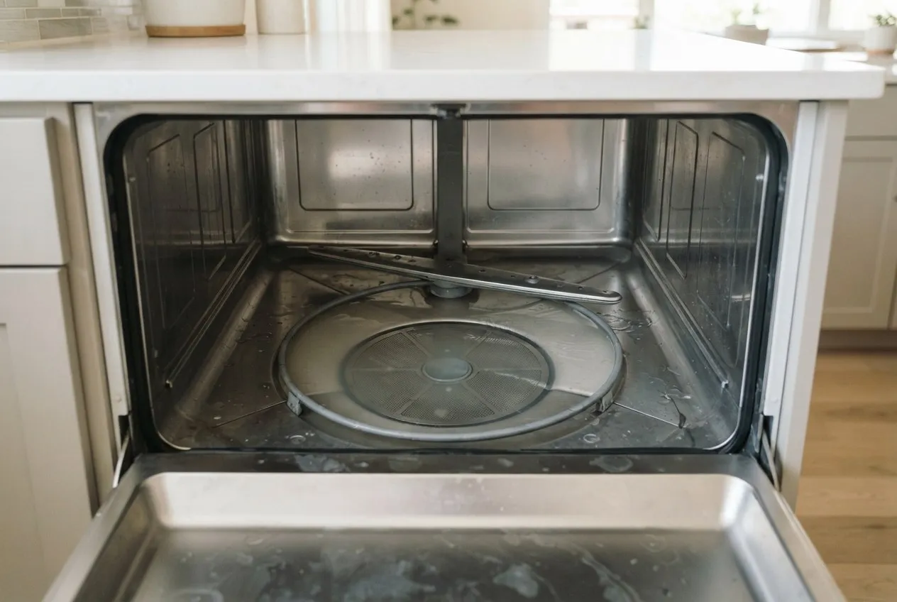 Open dishwasher with the racks removed, looking into the tub