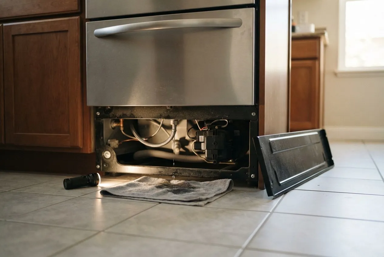 Towel on the floor under a dishwasher with the toe-kick panel removed