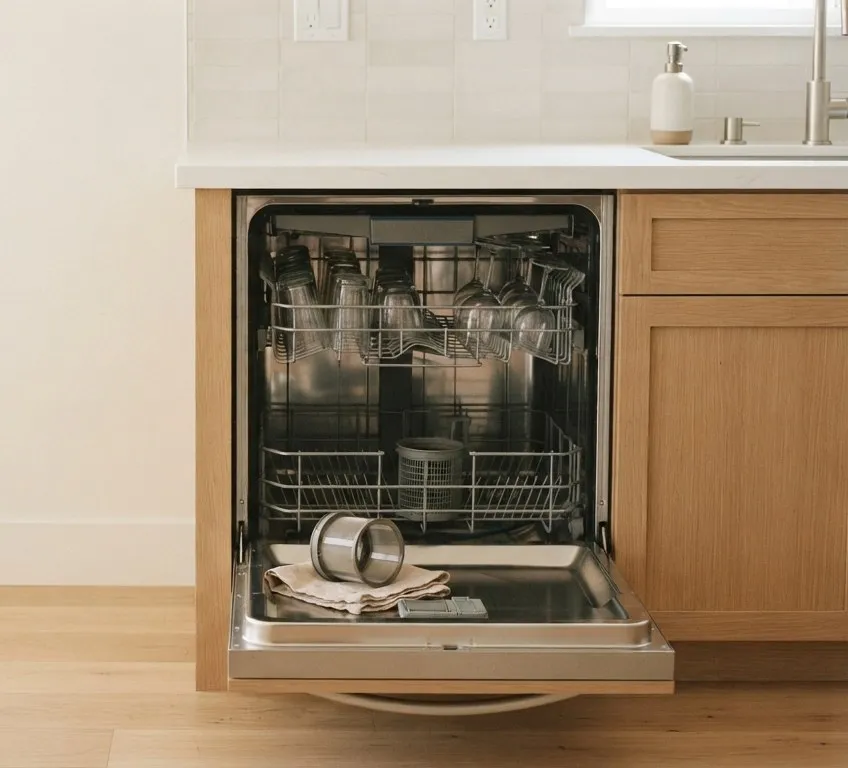 Open dishwasher with the lower rack pulled out