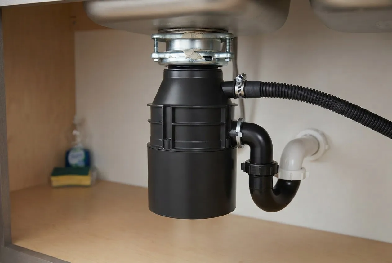 Garbage disposal under a sink with its sink flange, dishwasher hose and drain pipe connections
