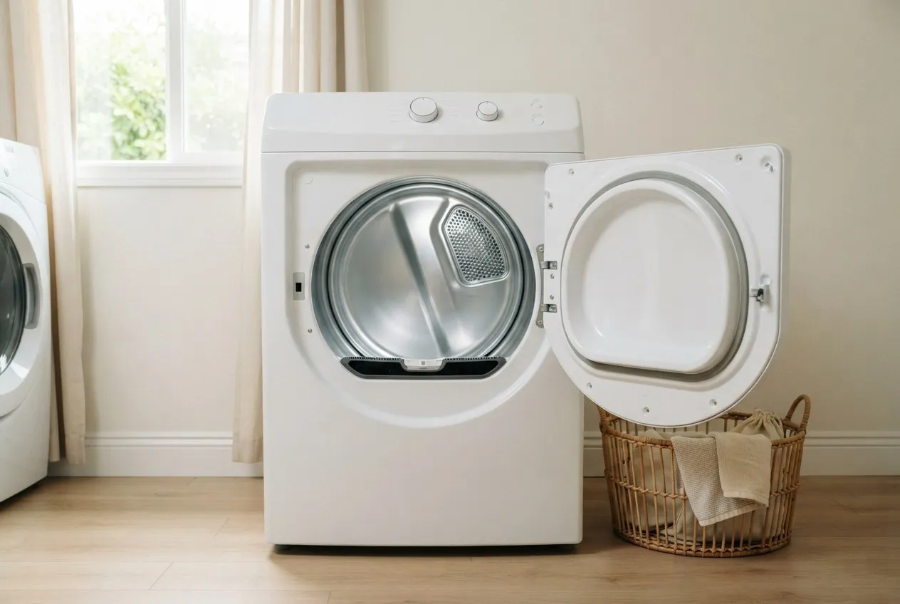 Open dryer door with an empty drum and the lint screen slot