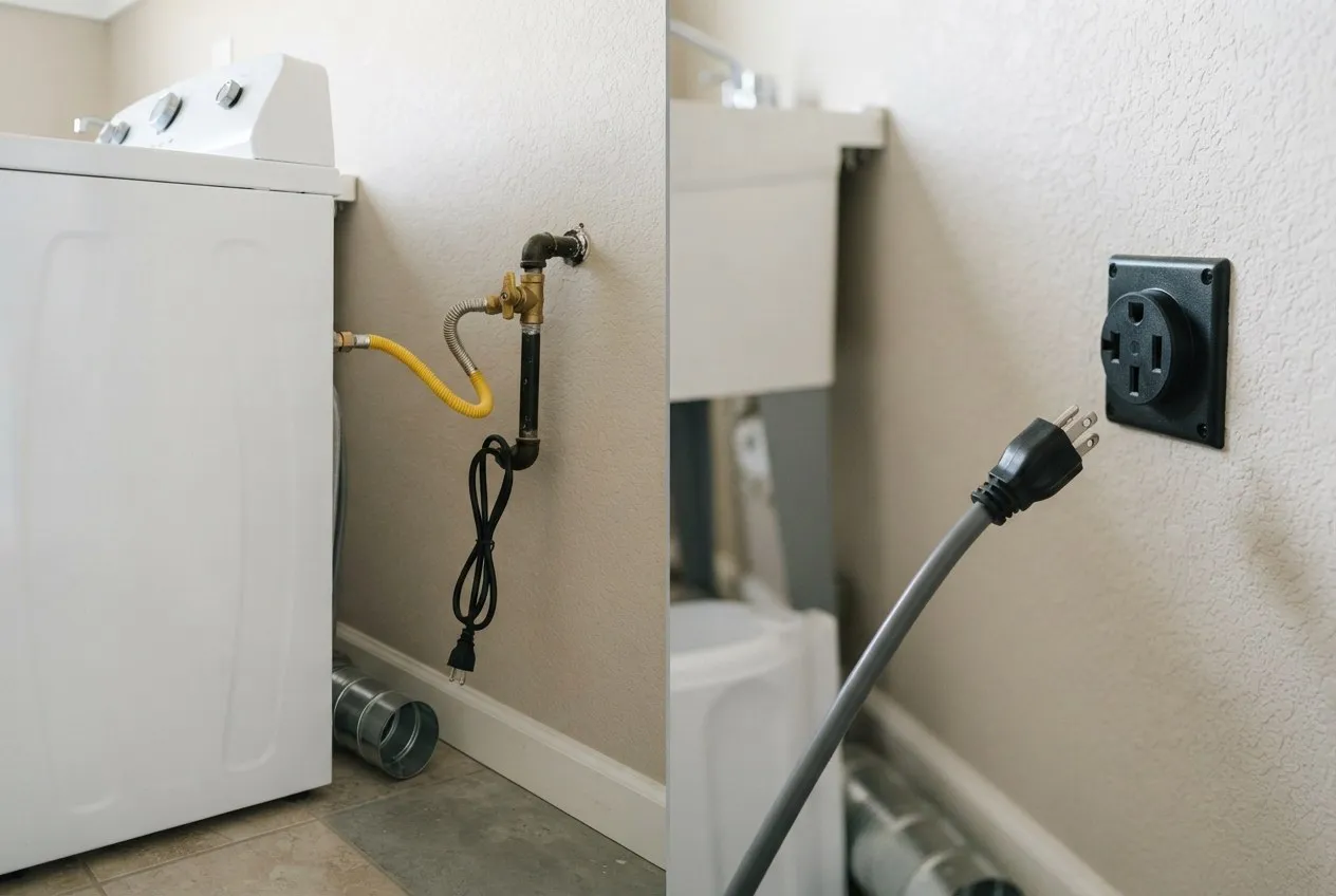 Gas line behind a dryer and a large 240-volt dryer outlet on the wall