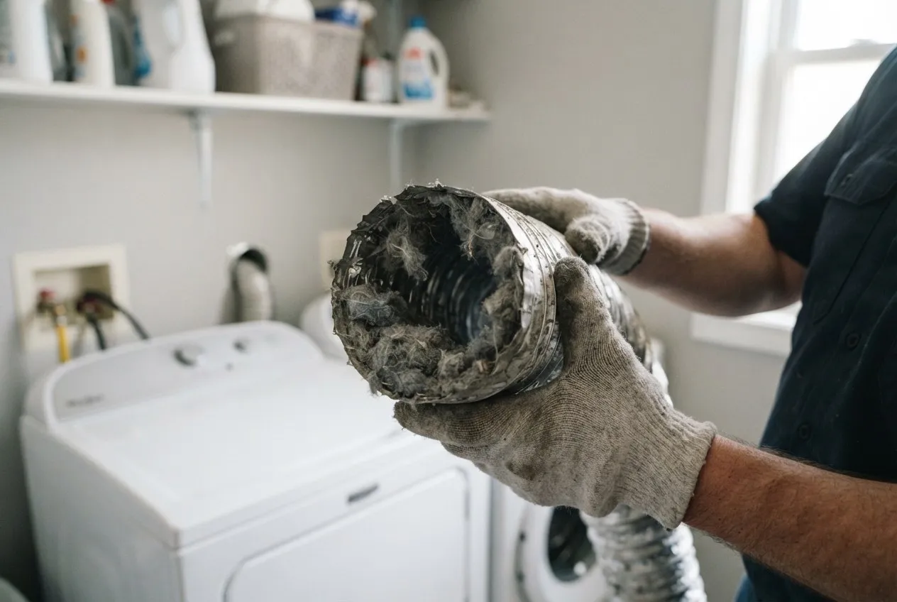 Section of dryer vent duct packed with gray lint