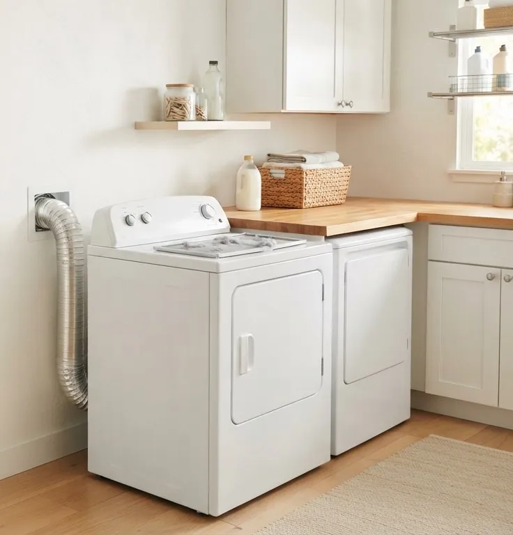 Dryer and washer with a metal vent duct running to the wall