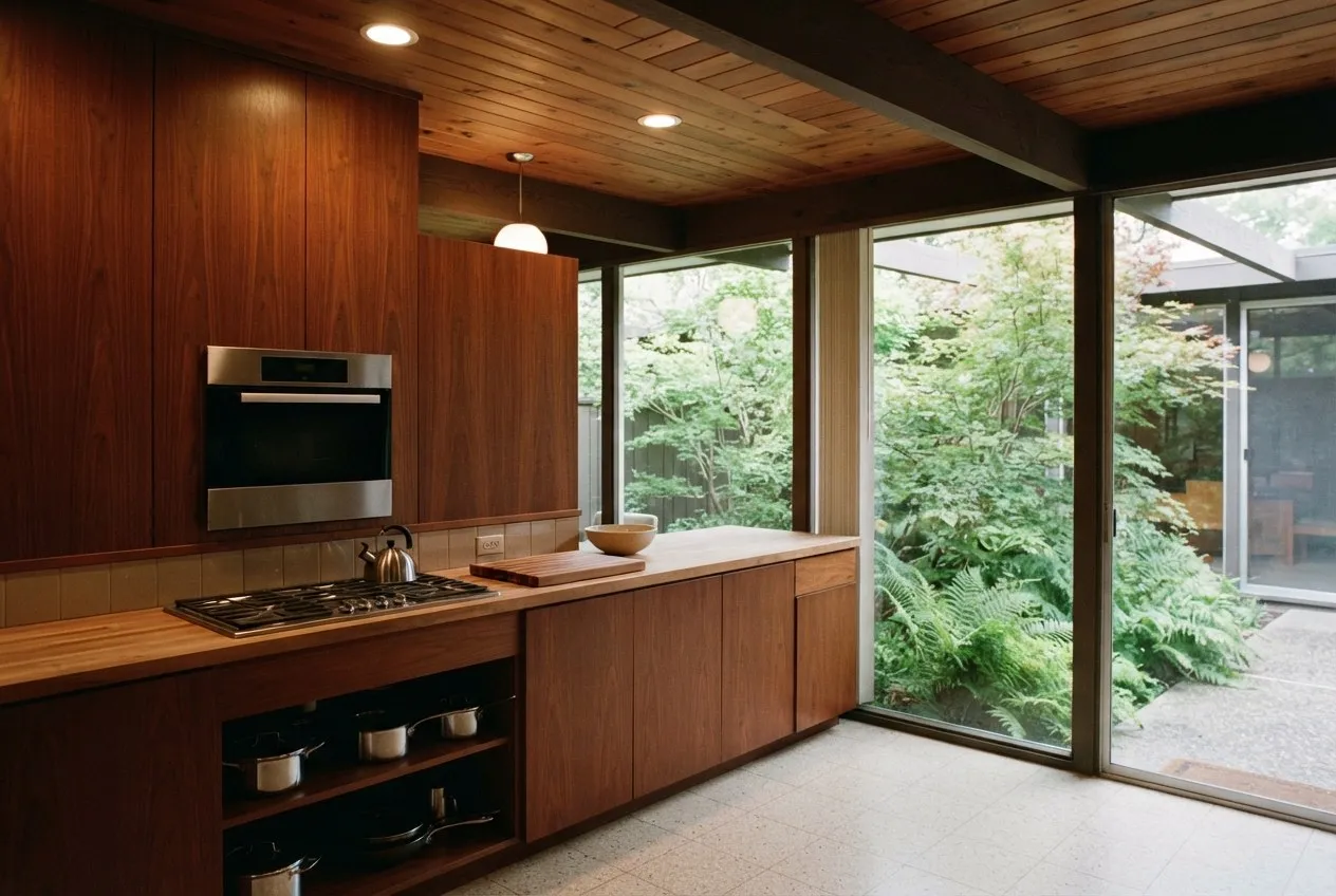 Mid-century kitchen with wood paneling and a wall of glass