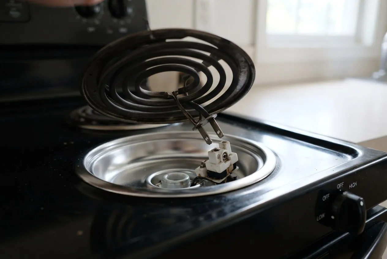 Electric coil burner lifted from its socket on a range top