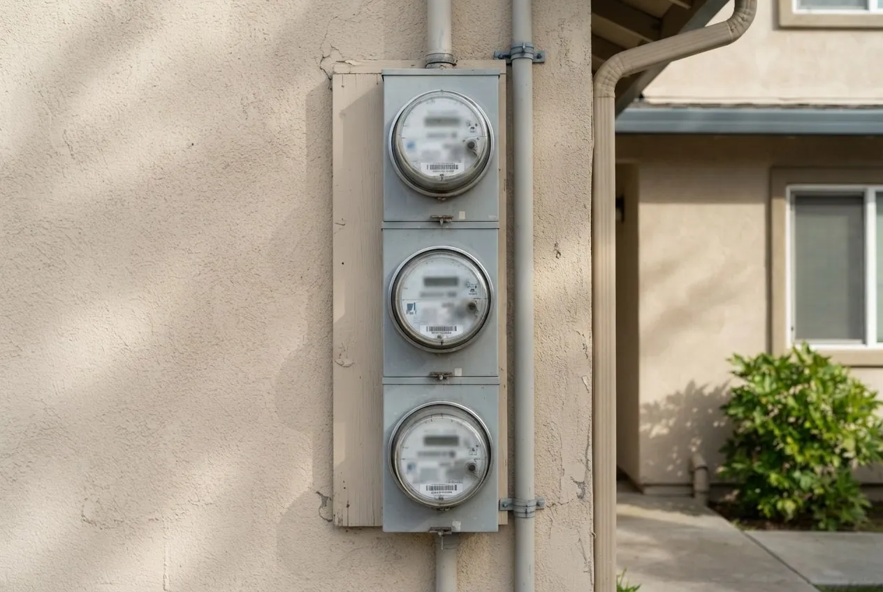 Row of electric meters on the side wall of a stucco building
