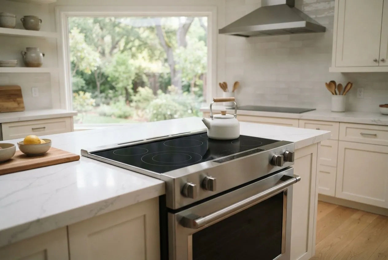 Glass-top electric range in a bright, newly built kitchen