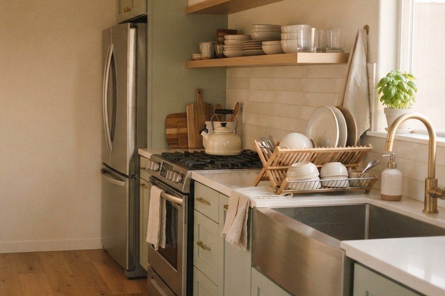 Cocina con refrigerador, estufa de gas y platos secándose junto al fregadero