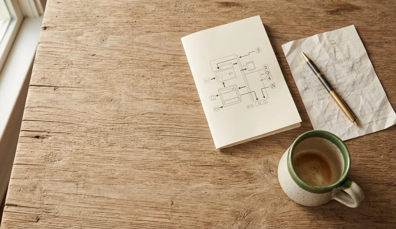 Notebook, pen, paper and coffee on a wooden table