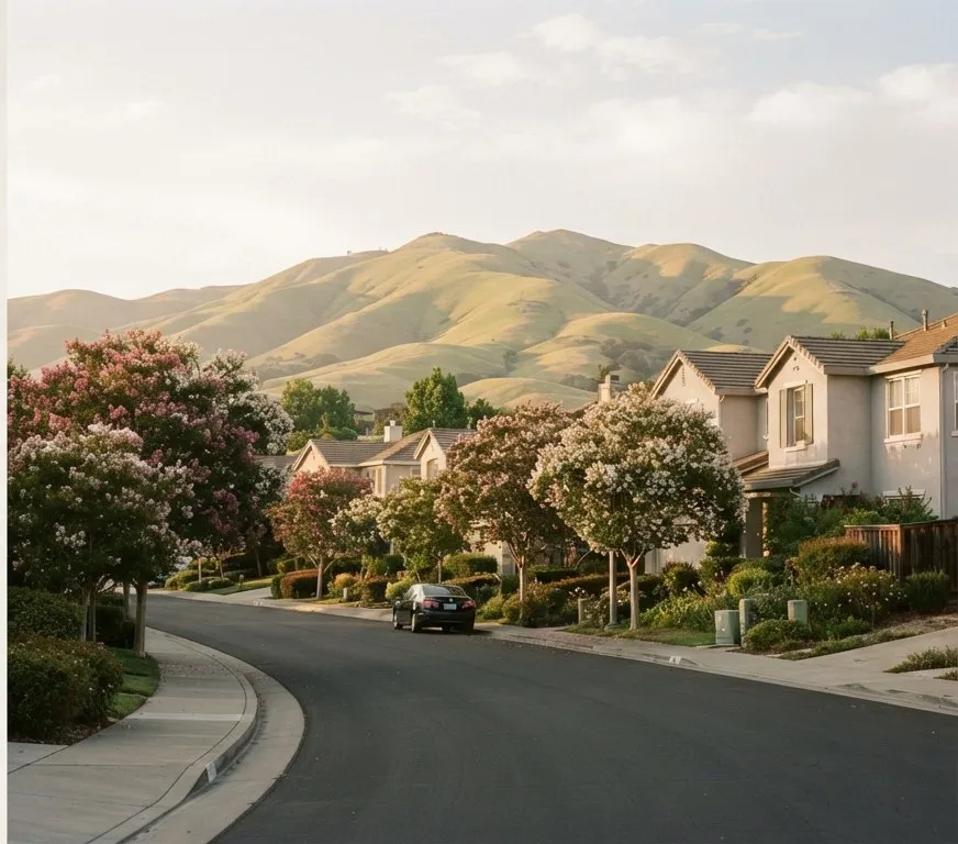 Two-story homes on a curving street with green hills behind