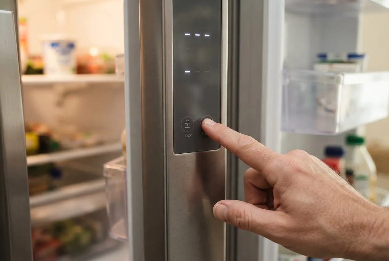 Finger pressing buttons on a refrigerator's internal control panel