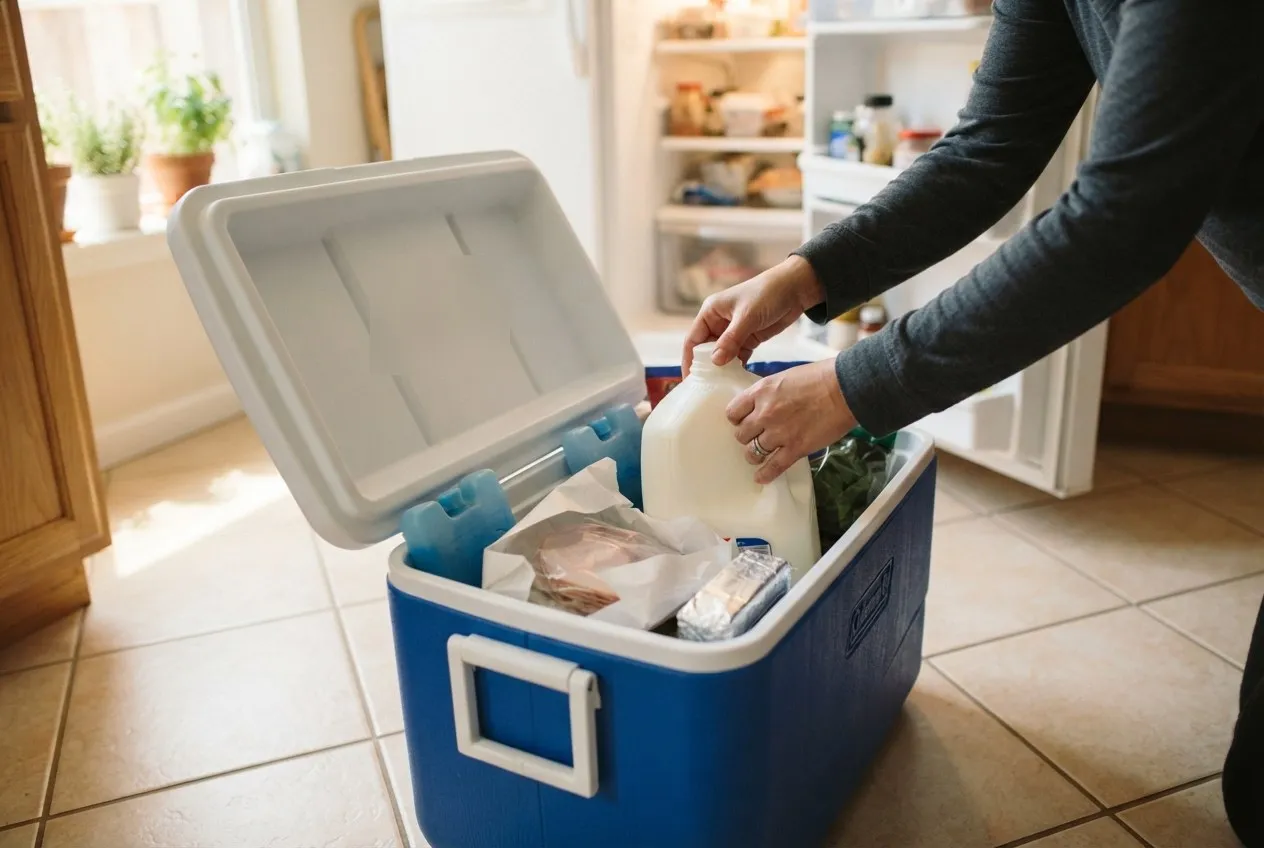 Groceries moved from a refrigerator into a cooler with ice packs