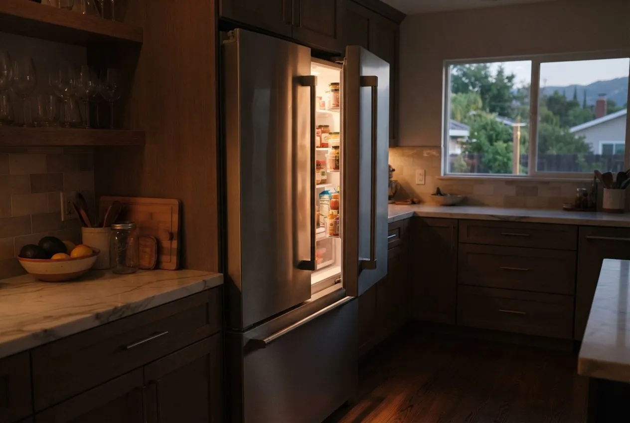 Refrigerator standing open in a dim kitchen