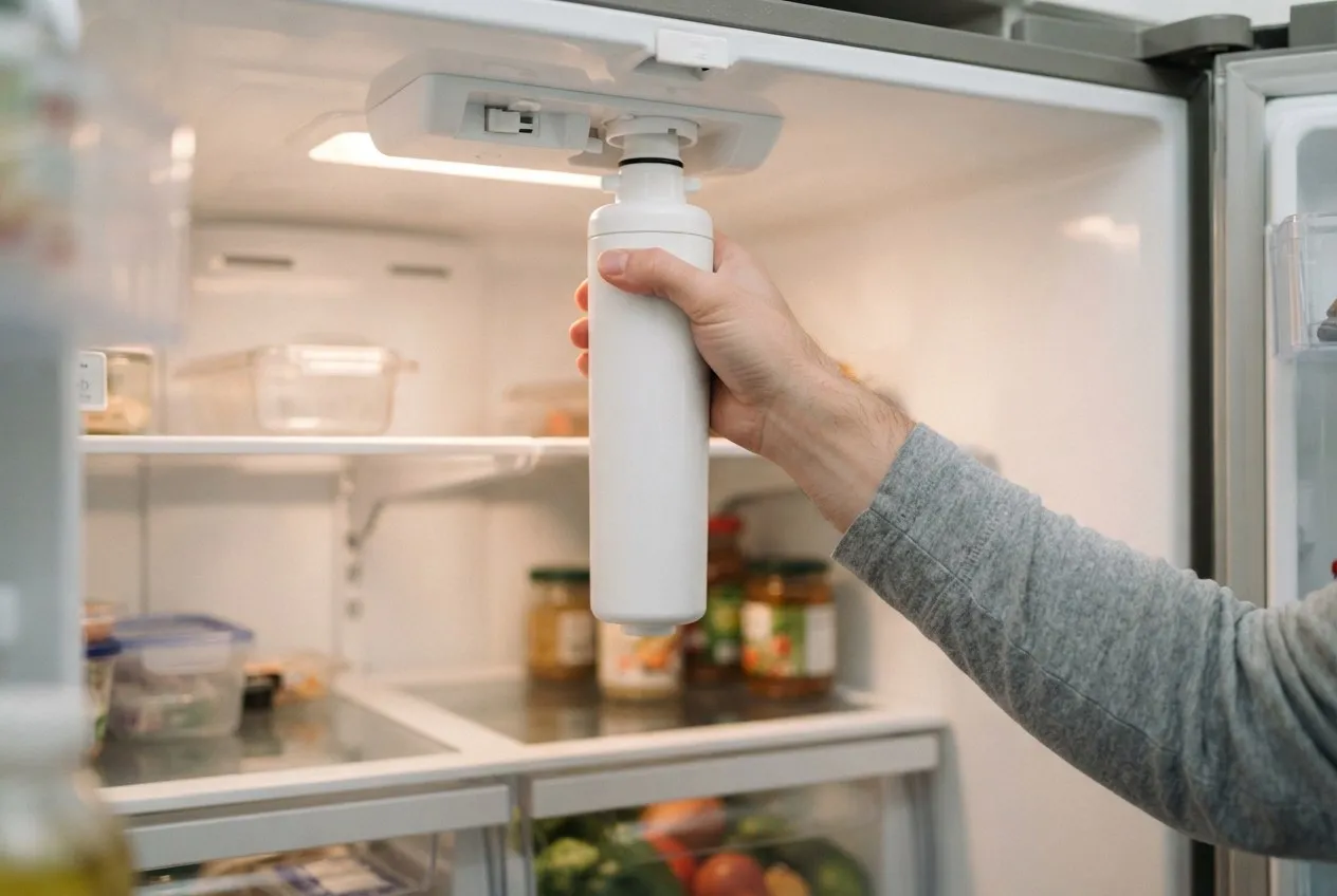 Hand replacing a refrigerator water filter cartridge