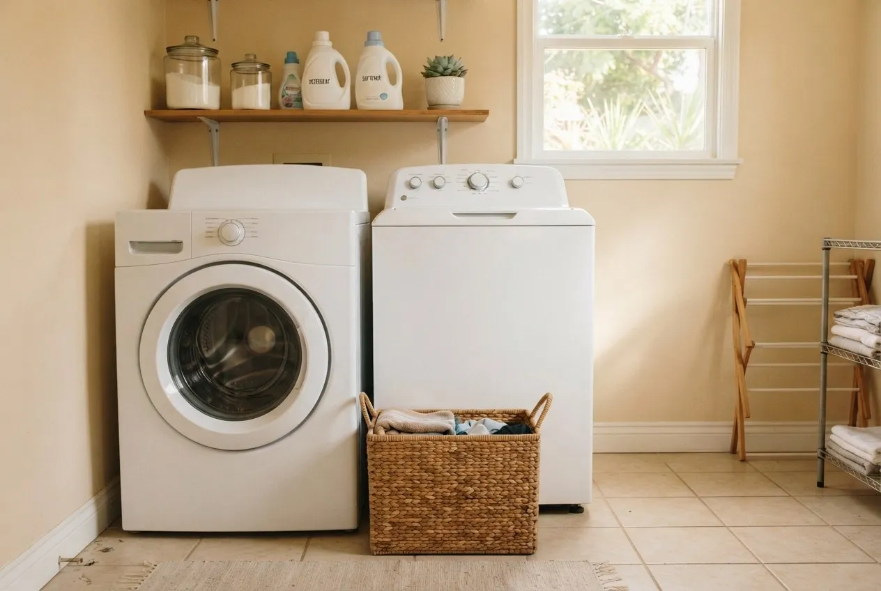 Front-load and top-load washers side by side in a laundry room