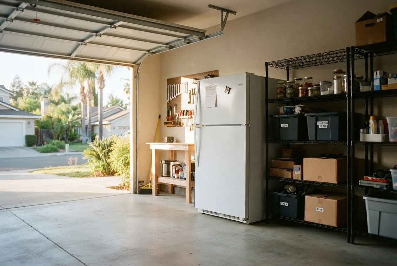 Second refrigerator standing in a clean garage beside storage shelves