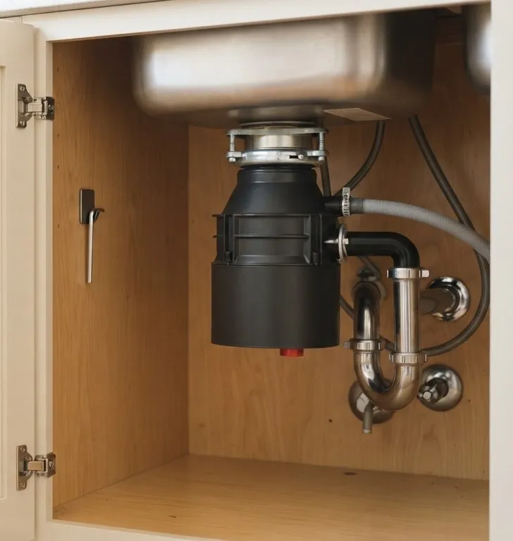 Garbage disposal under a kitchen sink with a hex wrench nearby