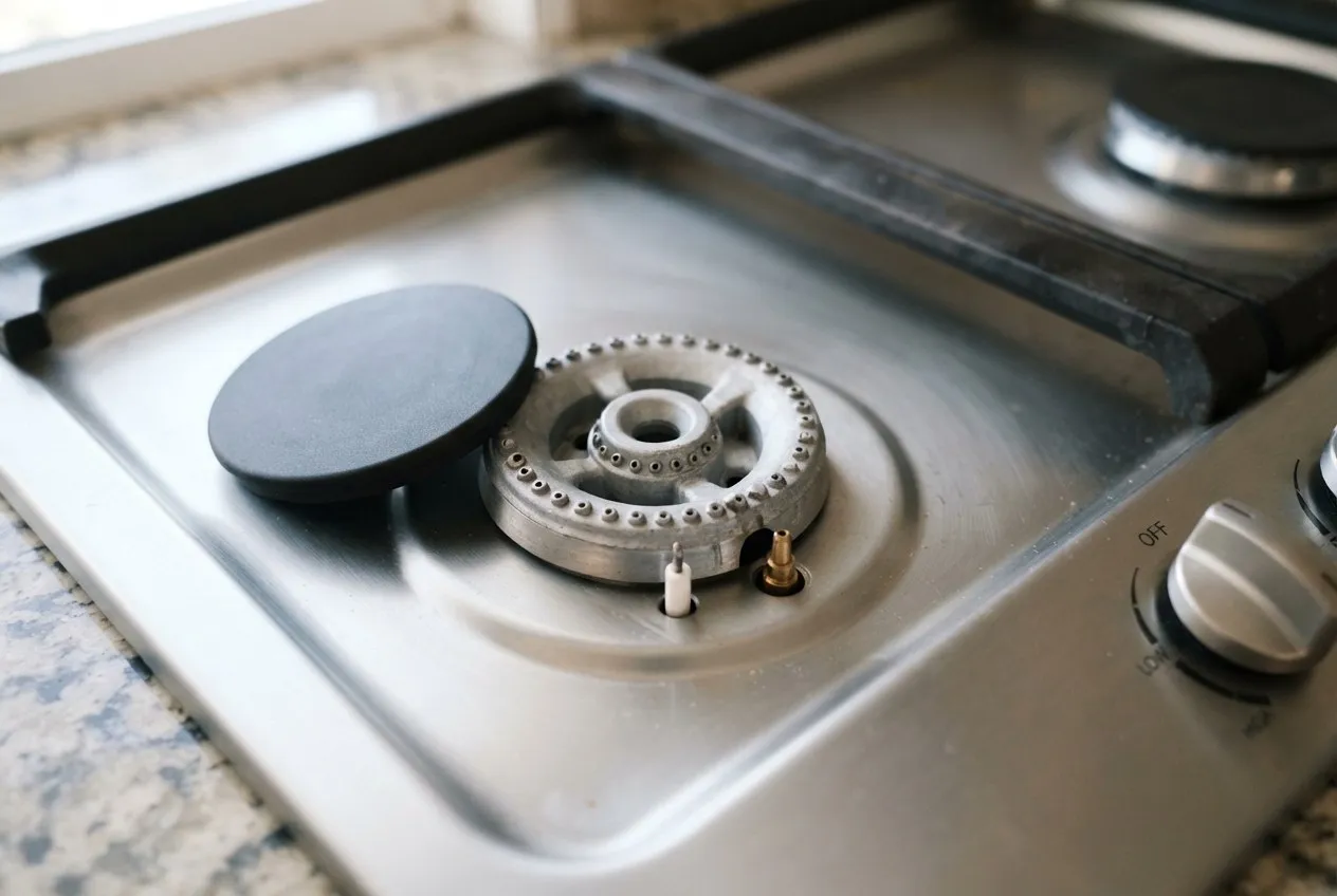Gas cooktop burner with the cap lifted to show the igniter