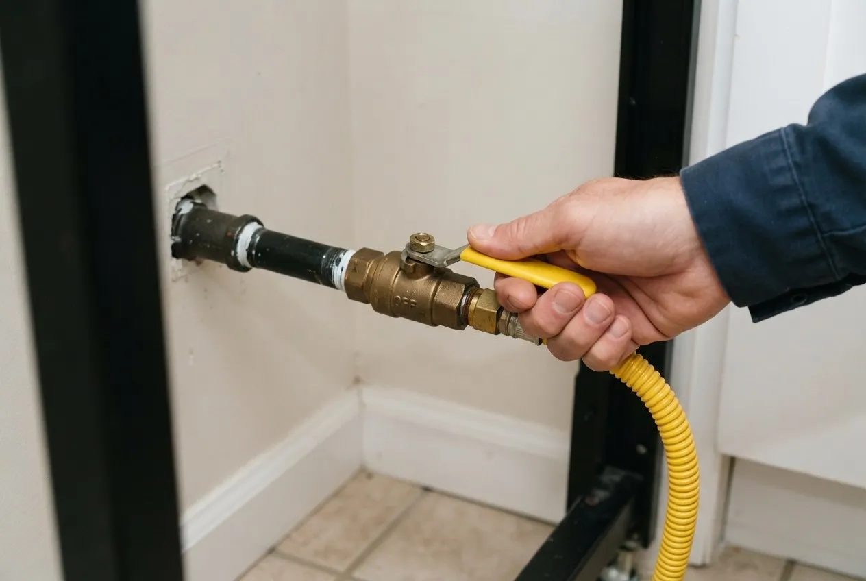 Yellow-handled gas shut-off valve behind a range