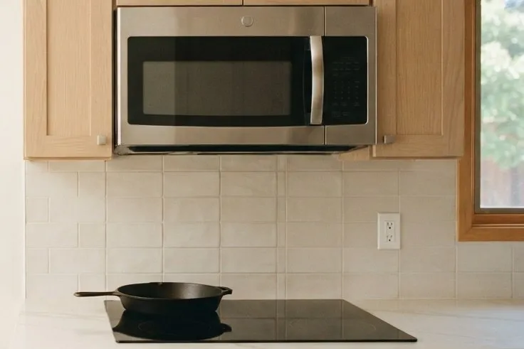 Induction cooktop with a cast-iron pan below an over-the-range microwave