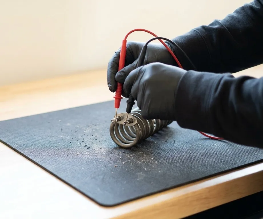 Technician testing a heating element with a multimeter