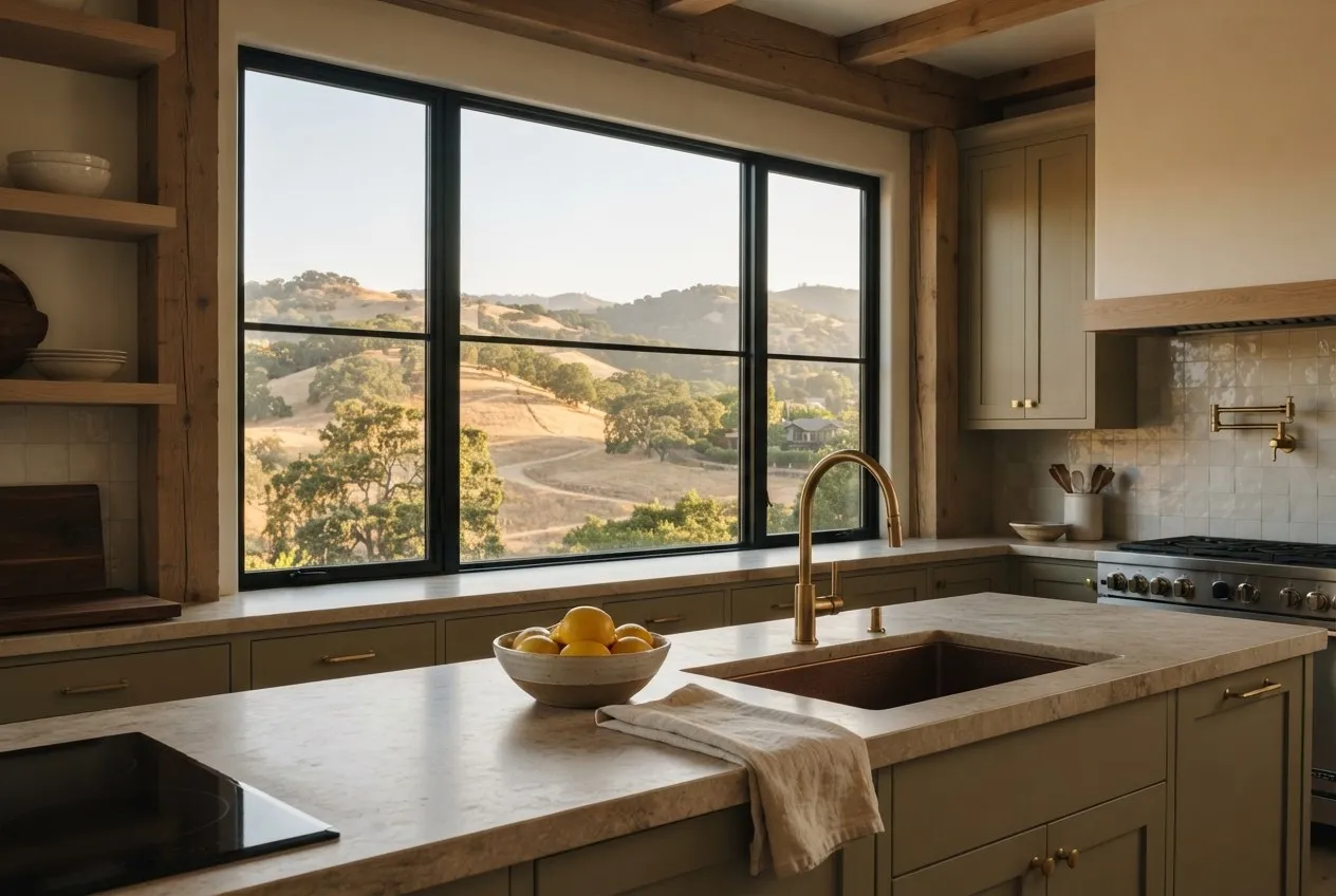 Kitchen window looking out over oak-covered foothills