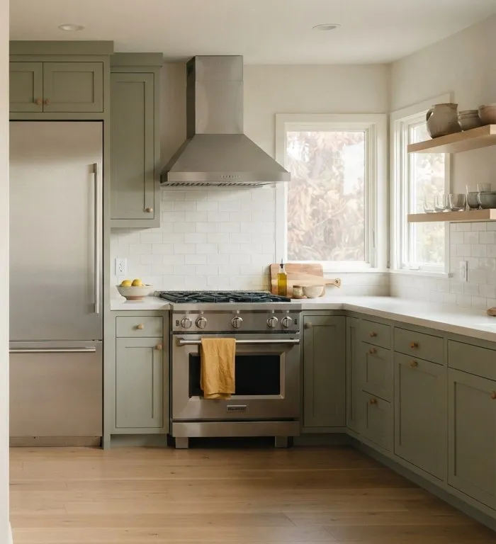 Modern kitchen with a built-in refrigerator and a pro-style range in afternoon light