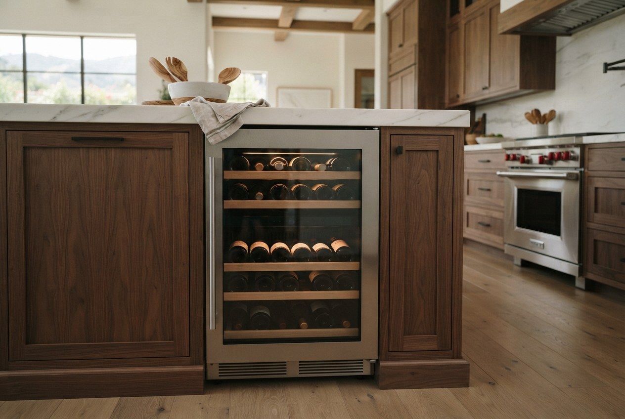 Kitchen island with a wine refrigerator and a pro-style range beyond