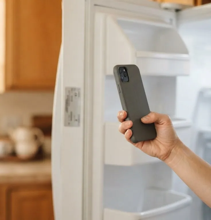 Homeowner photographing the model label inside a refrigerator door