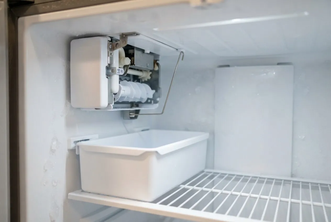 Ice maker in a freezer with its wire shut-off arm raised