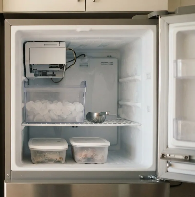 Freezer with the ice maker, ice bin and storage containers
