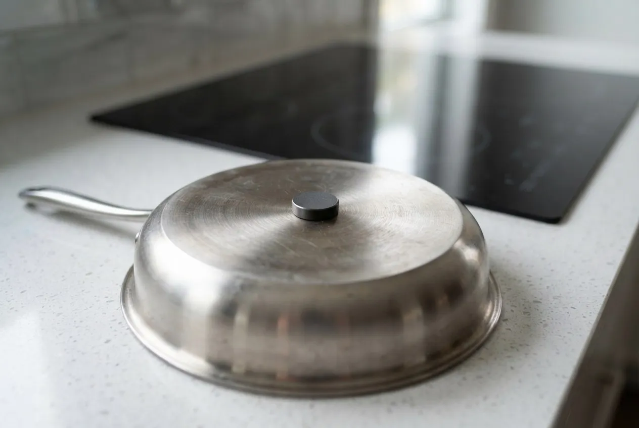 Stainless pan resting on a black induction cooktop