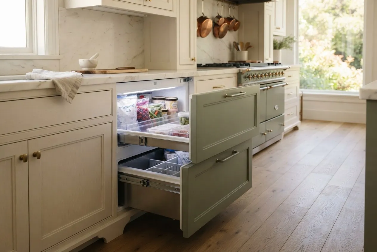 Panel-ready freezer drawers built into kitchen cabinetry